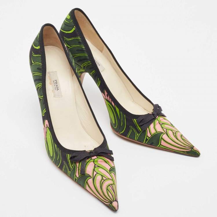 Pre Owned Prada Multicolor Canvas Bow Pointed Toe Pumps Size 37