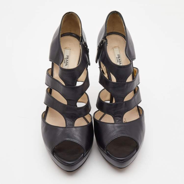 Pre Owned Prada Black Leather Strappy Sandals Size 39.5