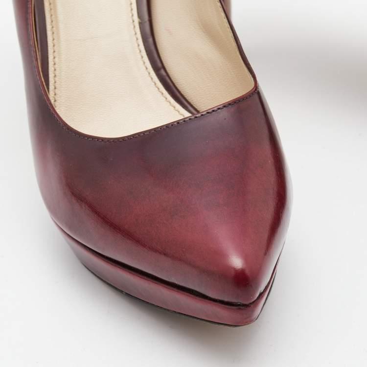 Pre Owned Prada Burgundy Leather Platform Pointed Toe Pumps Size 37