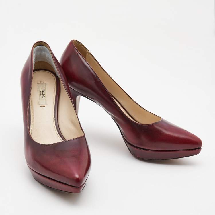 Pre Owned Prada Burgundy Leather Platform Pointed Toe Pumps Size 37