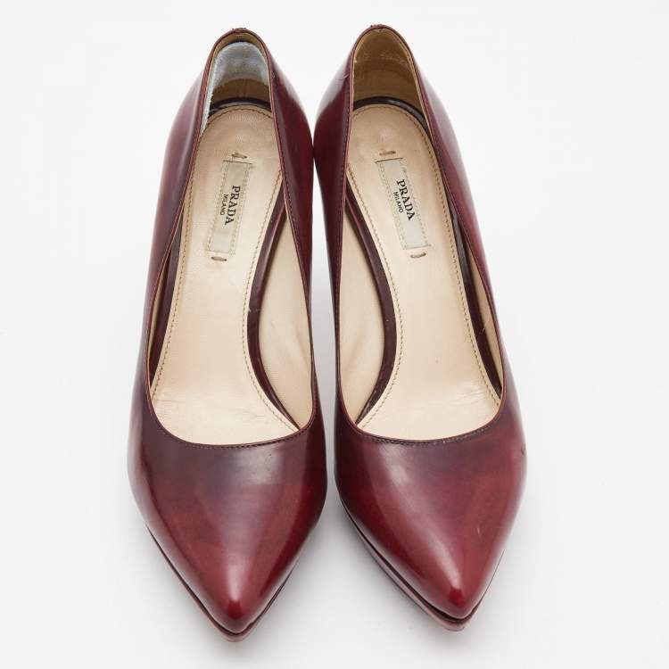 Pre Owned Prada Burgundy Leather Platform Pointed Toe Pumps Size 37