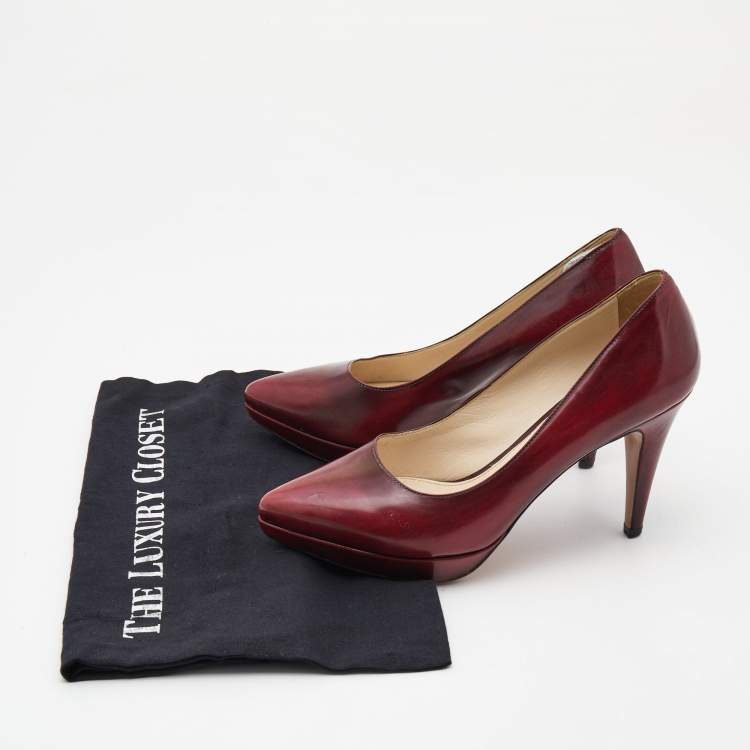 Pre Owned Prada Burgundy Leather Platform Pointed Toe Pumps Size 37