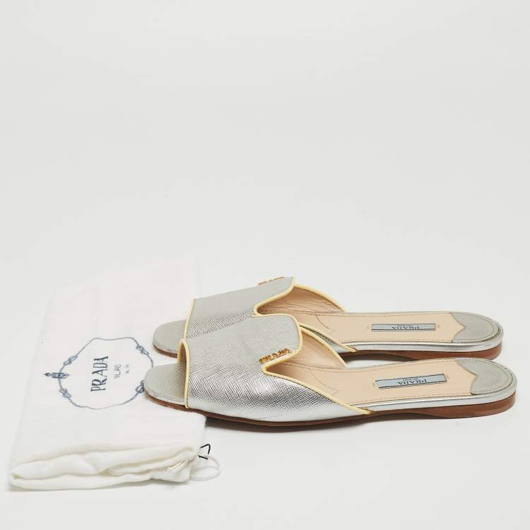 Pre Owned Prada Silver Saffiano Leather Flat Slides Size 37.5