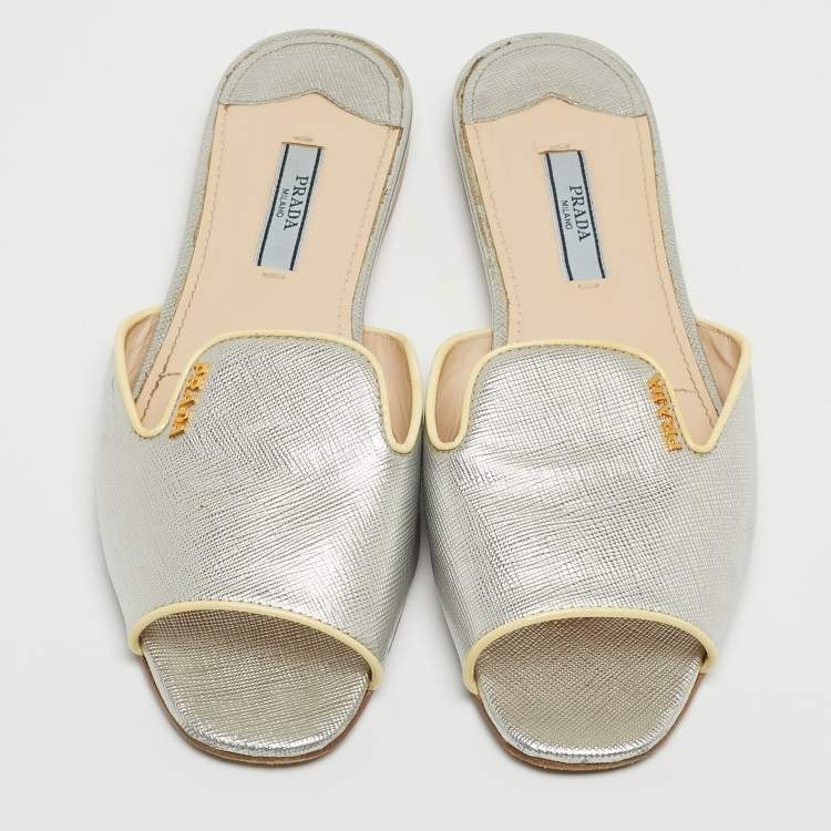 Pre Owned Prada Silver Saffiano Leather Flat Slides Size 37.5