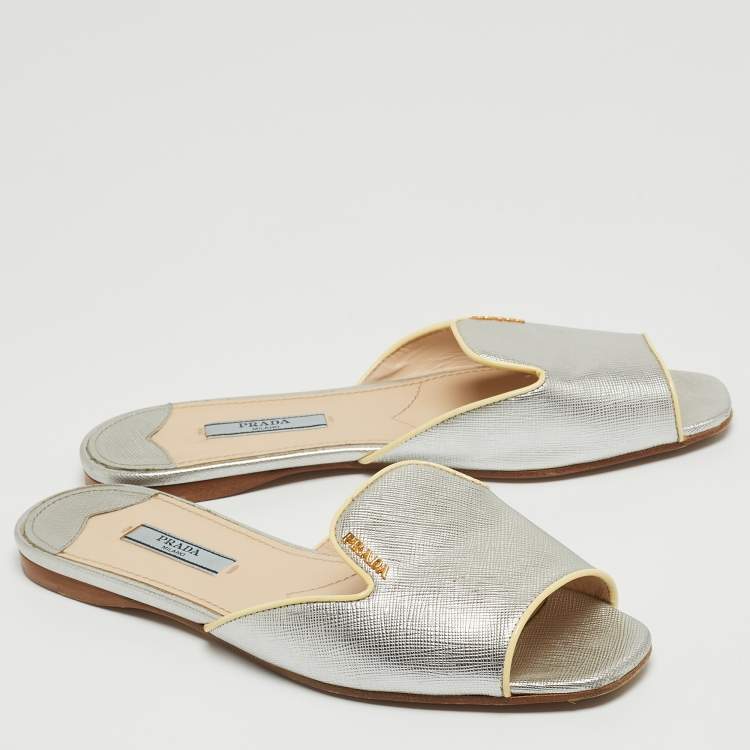 Pre Owned Prada Silver Saffiano Leather Flat Slides Size 37.5