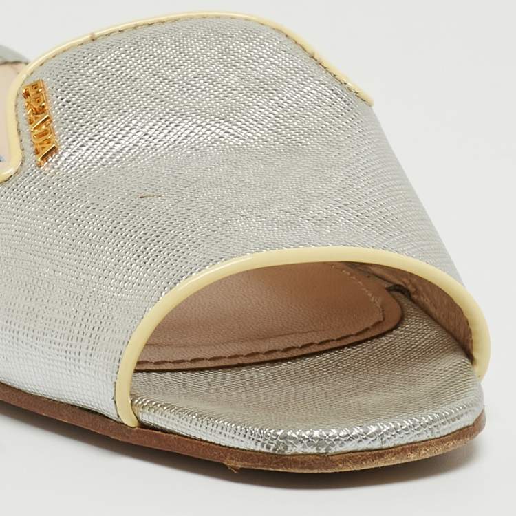 Pre Owned Prada Silver Saffiano Leather Flat Slides Size 37.5