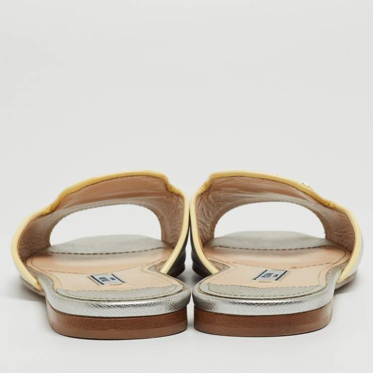 Pre Owned Prada Silver Saffiano Leather Flat Slides Size 37.5