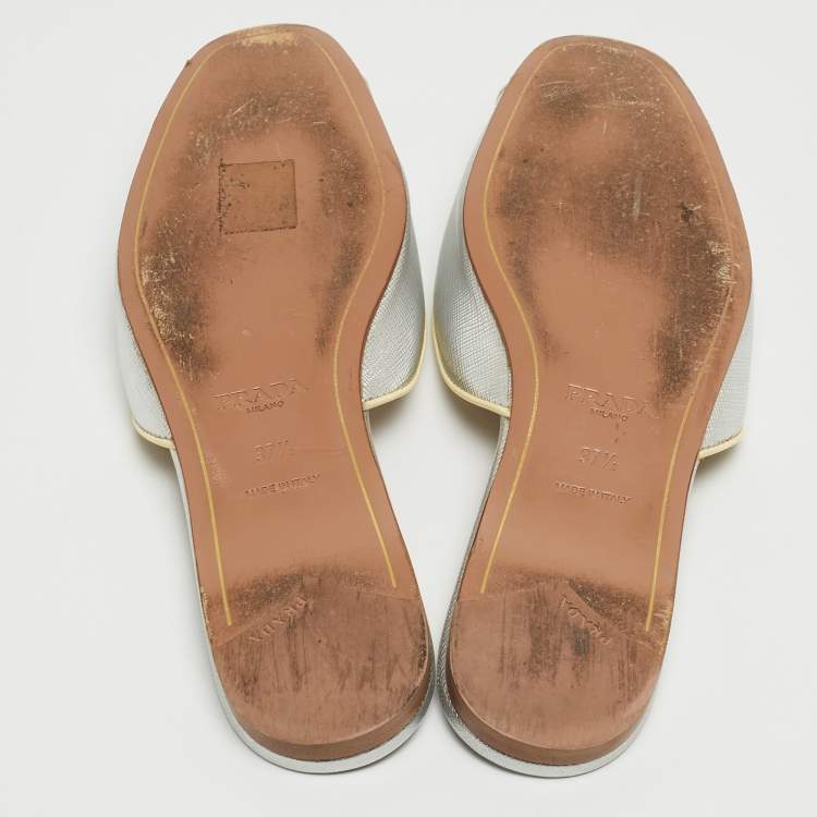 Pre Owned Prada Silver Saffiano Leather Flat Slides Size 37.5
