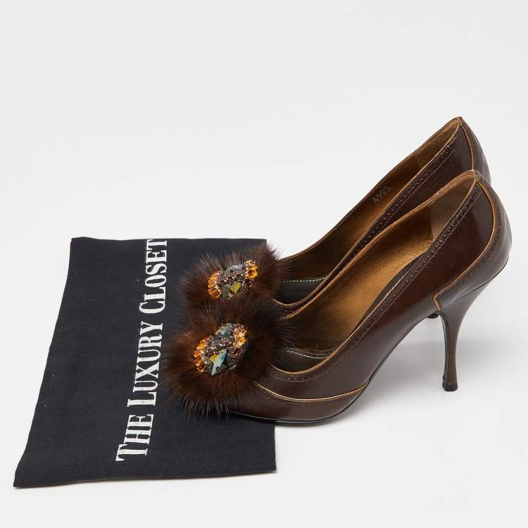 Pre Owned Prada Brown Leather Crystal Embellished Peep Toe Pumps Size 35.5