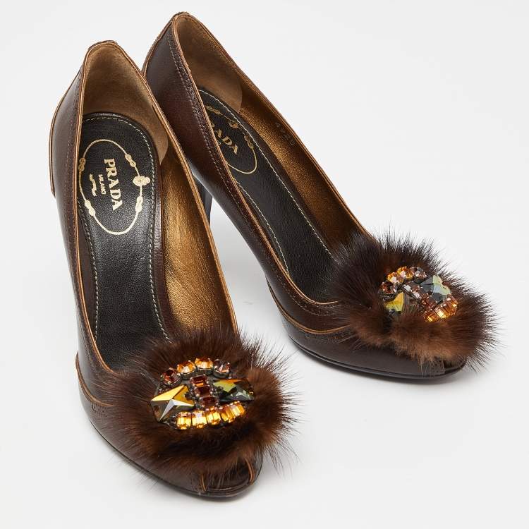 Pre Owned Prada Brown Leather Crystal Embellished Peep Toe Pumps Size 35.5