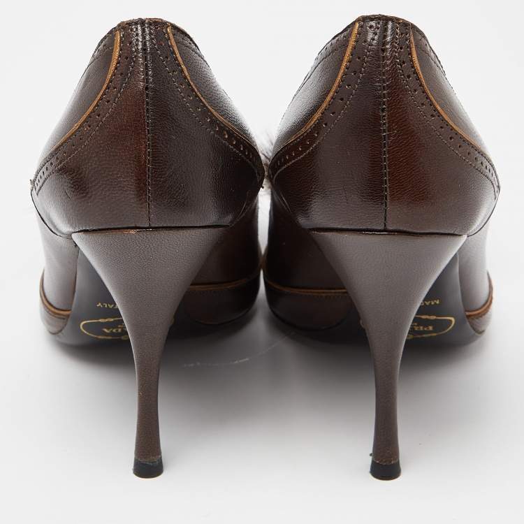 Pre Owned Prada Brown Leather Crystal Embellished Peep Toe Pumps Size 35.5