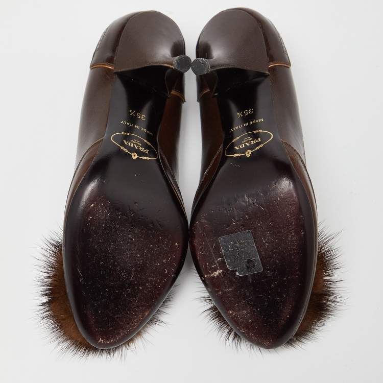 Pre Owned Prada Brown Leather Crystal Embellished Peep Toe Pumps Size 35.5