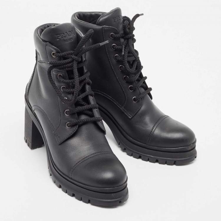 Pre Owned Prada Black Leather Lace Up Ankle Boots Size 39