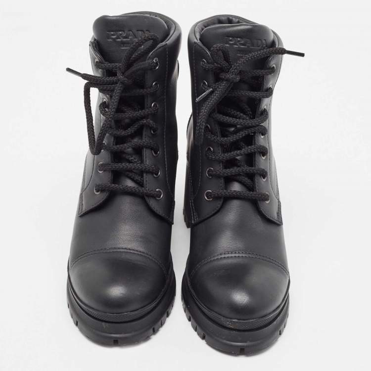 Pre Owned Prada Black Leather Lace Up Ankle Boots Size 39