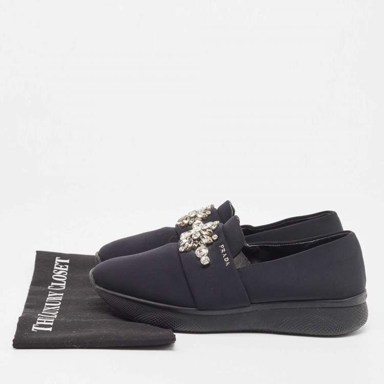 Pre Owned Prada Black Neoprene Crystal Embellished Slip On Sneakers Size 39