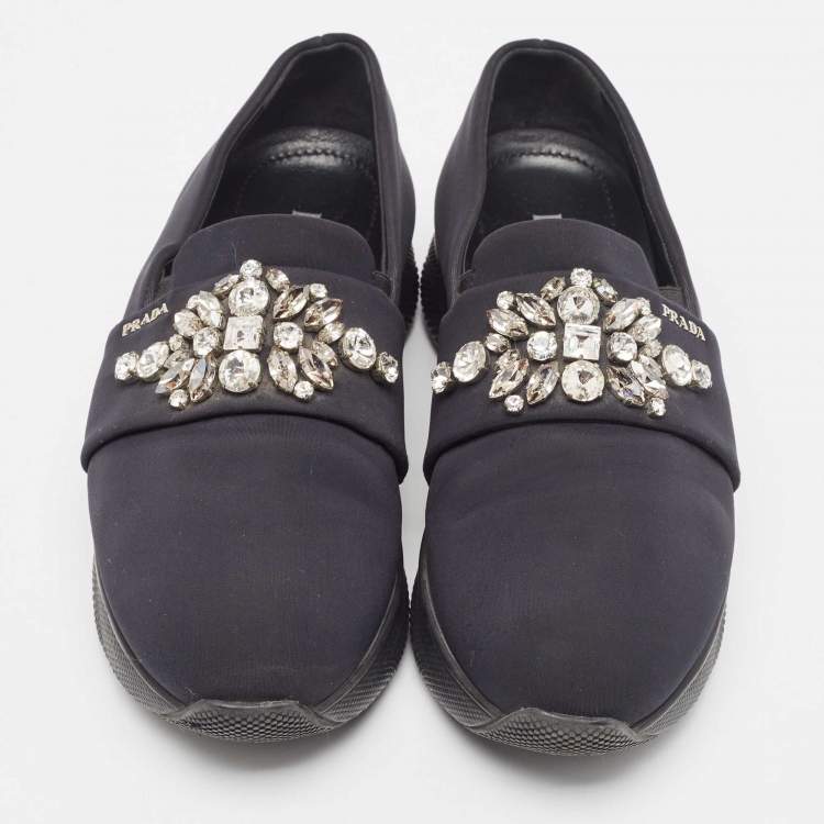 Pre Owned Prada Black Neoprene Crystal Embellished Slip On Sneakers Size 39