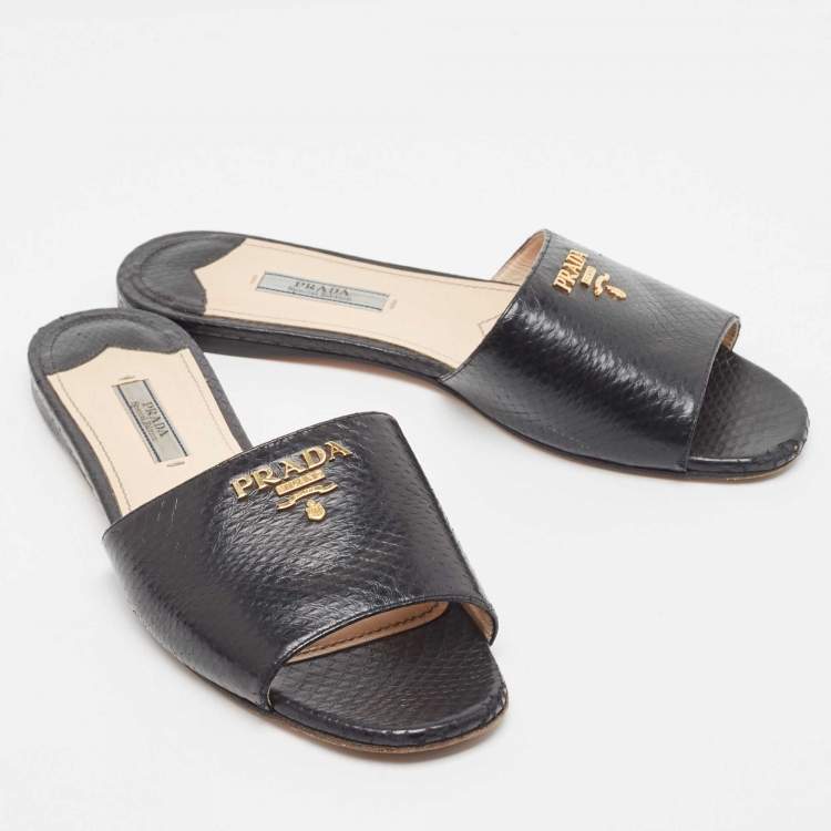 Pre Owned Prada Black Python Embossed Leather Flat Slide Sandals Size 37.5