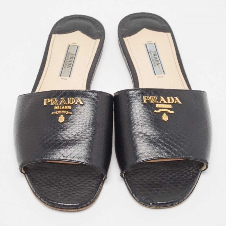 Pre Owned Prada Black Python Embossed Leather Flat Slide Sandals Size 37.5