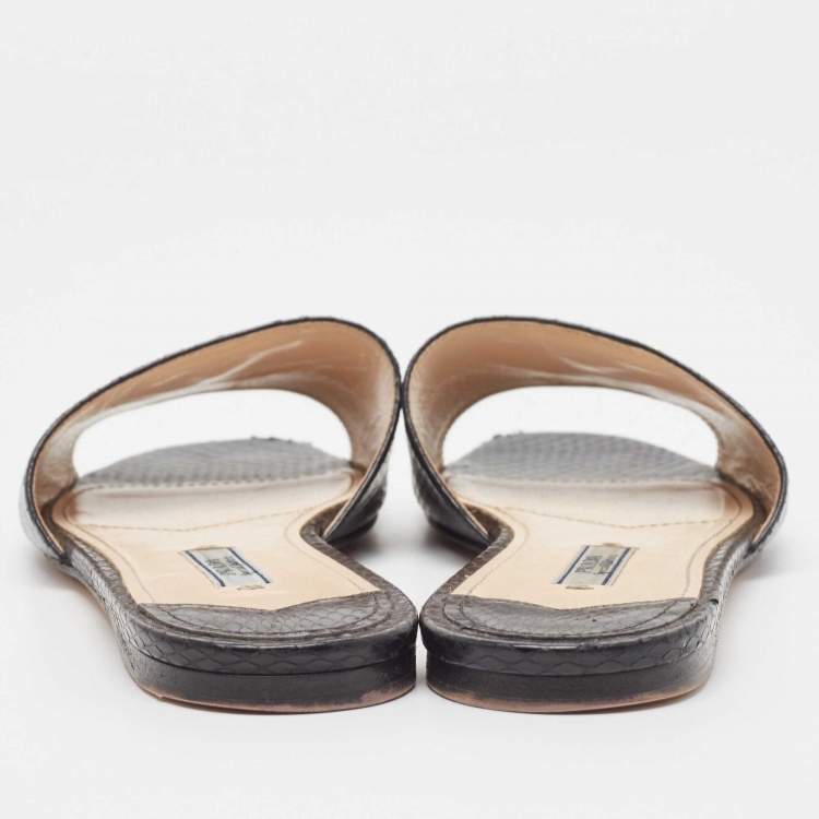 Pre Owned Prada Black Python Embossed Leather Flat Slide Sandals Size 37.5