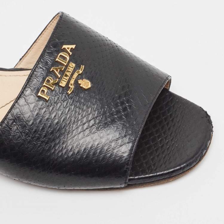 Pre Owned Prada Black Python Embossed Leather Flat Slide Sandals Size 37.5