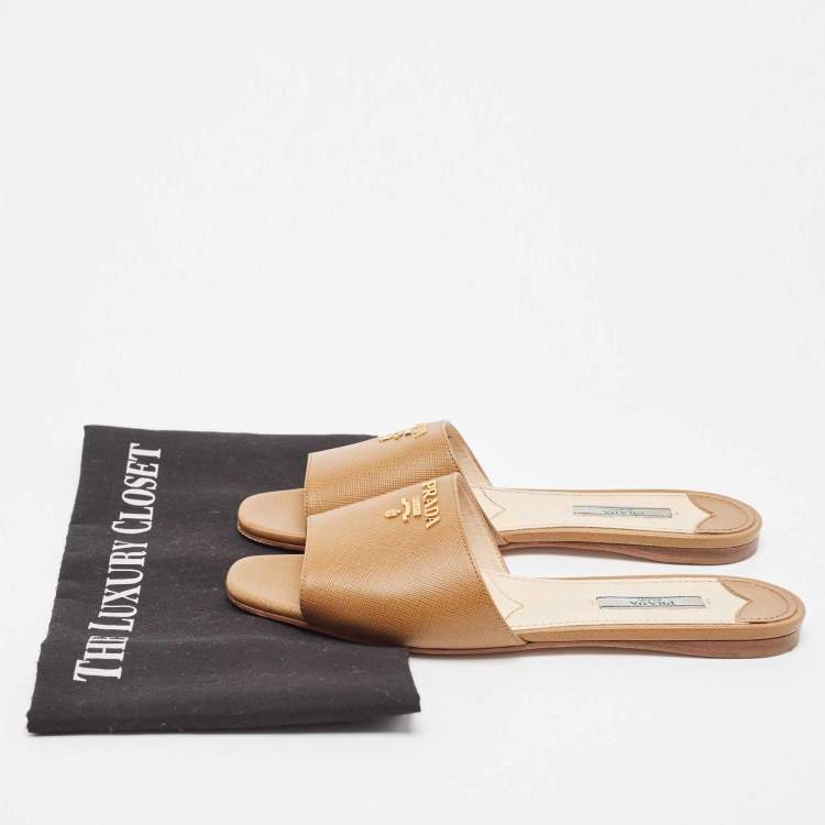 Pre Owned  Prada Brown Saffiano Leather Logo Embellished Flat Slides Size 37.5