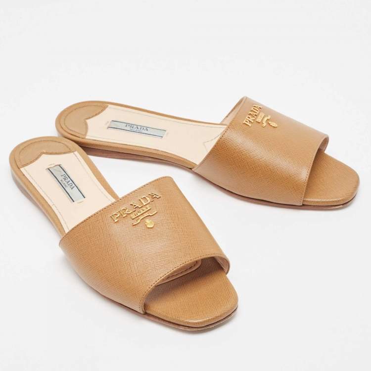 Pre Owned  Prada Brown Saffiano Leather Logo Embellished Flat Slides Size 37.5