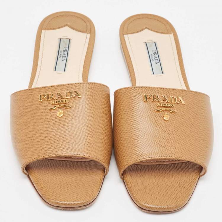 Pre Owned  Prada Brown Saffiano Leather Logo Embellished Flat Slides Size 37.5