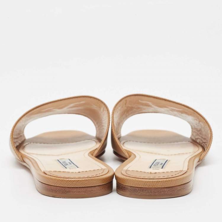 Pre Owned  Prada Brown Saffiano Leather Logo Embellished Flat Slides Size 37.5