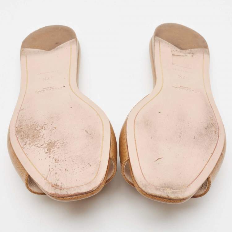 Pre Owned  Prada Brown Saffiano Leather Logo Embellished Flat Slides Size 37.5