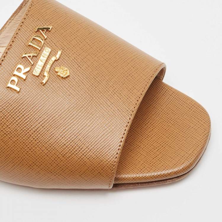Pre Owned  Prada Brown Saffiano Leather Logo Embellished Flat Slides Size 37.5