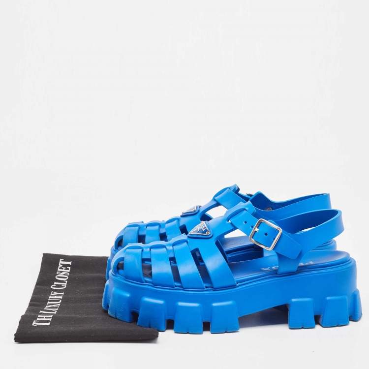 Pre Owned Prada Blue Rubber Monolith Sandals Size 39