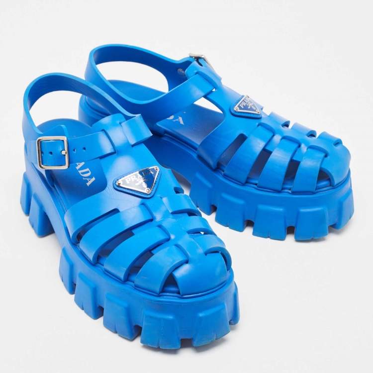 Pre Owned Prada Blue Rubber Monolith Sandals Size 39