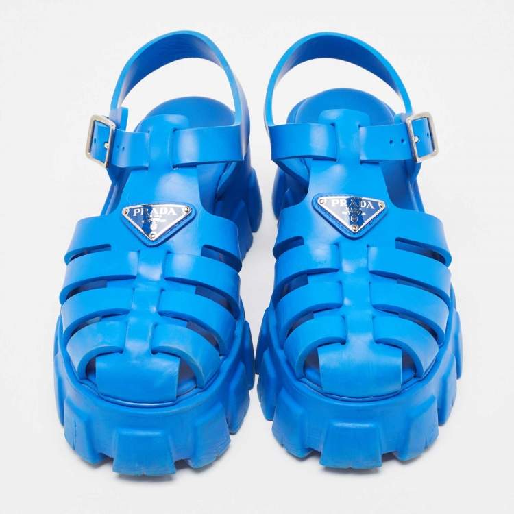 Pre Owned Prada Blue Rubber Monolith Sandals Size 39