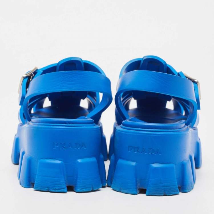 Pre Owned Prada Blue Rubber Monolith Sandals Size 39