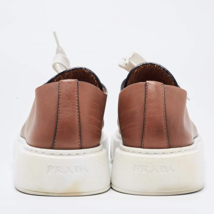 Pre Owned Prada Brown Leather Platform Low Top Sneakers Size 36
