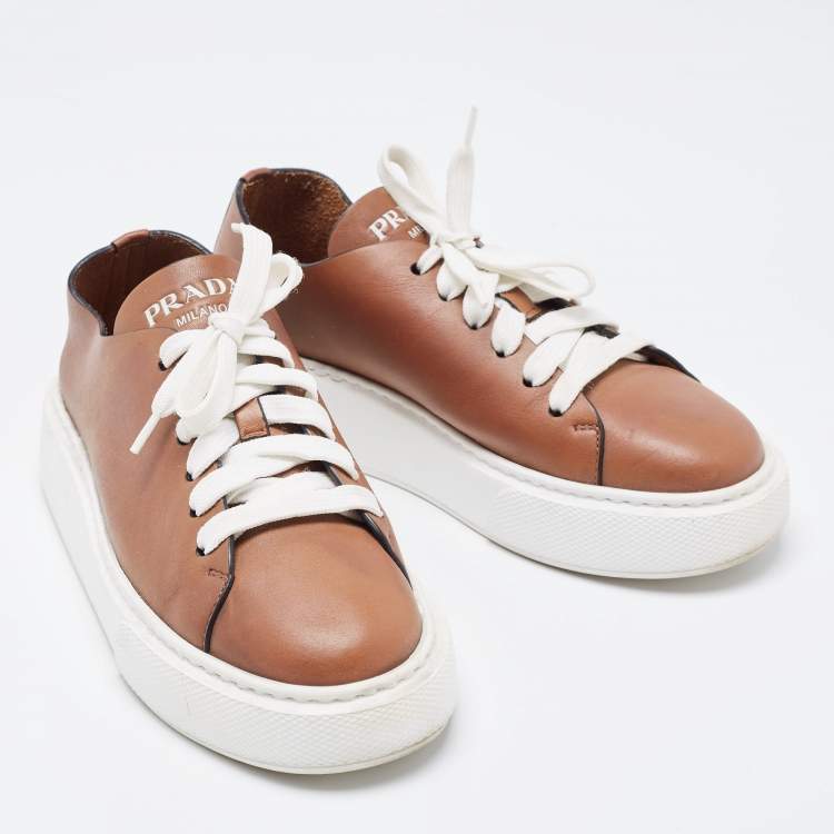 Pre Owned Prada Brown Leather Platform Low Top Sneakers Size 36