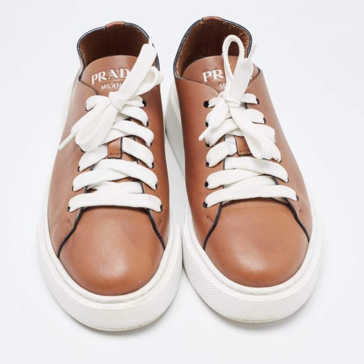 Pre Owned Prada Brown Leather Platform Low Top Sneakers Size 36