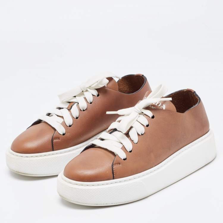 Pre Owned Prada Brown Leather Platform Low Top Sneakers Size 36