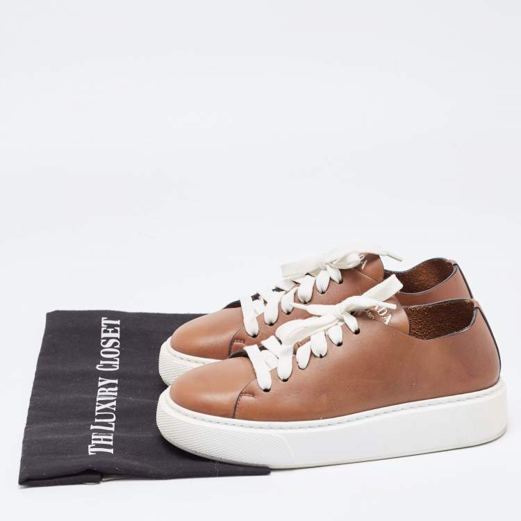 Pre Owned Prada Brown Leather Platform Low Top Sneakers Size 36