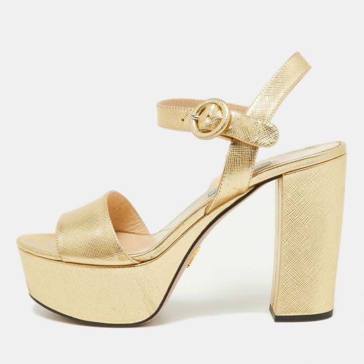 Pre Owned Prada Gold Leather Ankle Strap Block Heel Platform Sandals Size 36