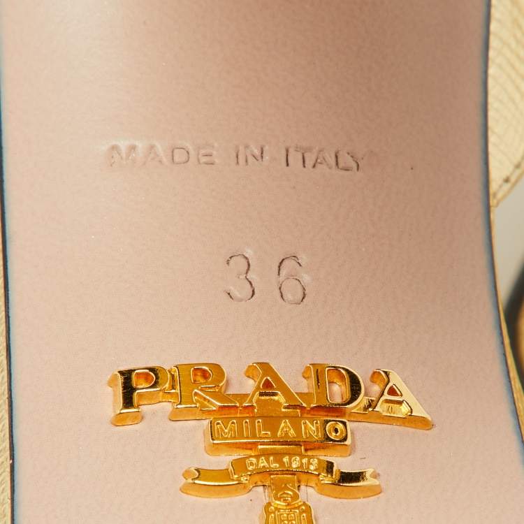 Pre Owned Prada Gold Leather Ankle Strap Block Heel Platform Sandals Size 36