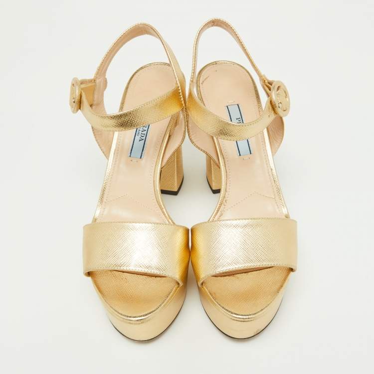 Pre Owned Prada Gold Leather Ankle Strap Block Heel Platform Sandals Size 36