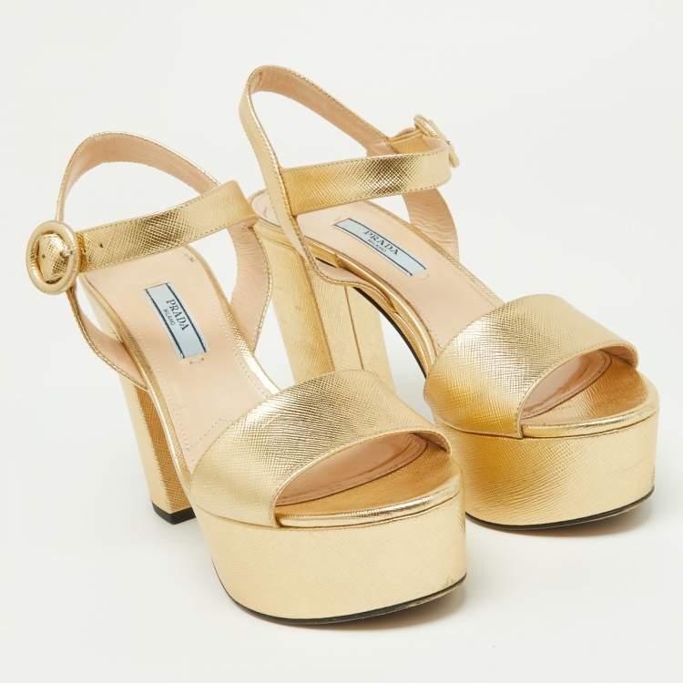 Pre Owned Prada Gold Leather Ankle Strap Block Heel Platform Sandals Size 36