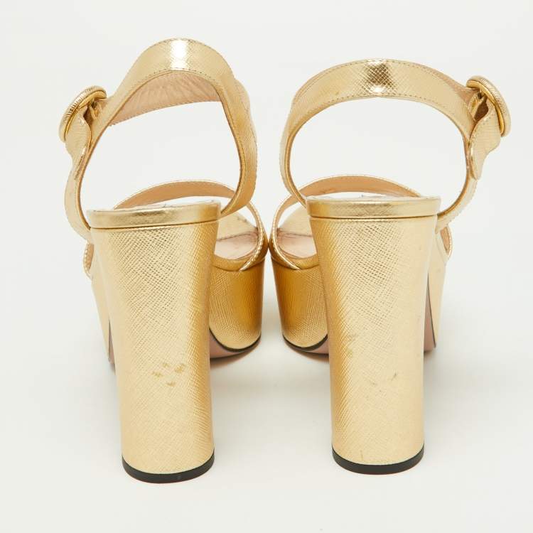Pre Owned Prada Gold Leather Ankle Strap Block Heel Platform Sandals Size 36