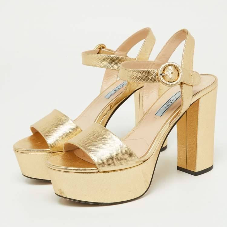 Pre Owned Prada Gold Leather Ankle Strap Block Heel Platform Sandals Size 36