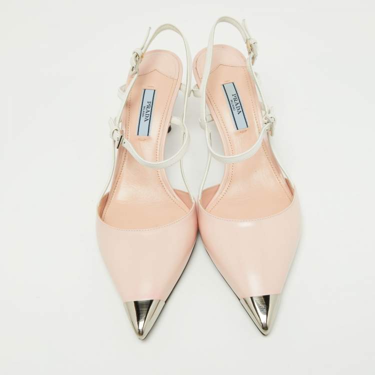 Pre Owned Prada Pink/White Leather Pointed Toe Slingback Pumps Size 38