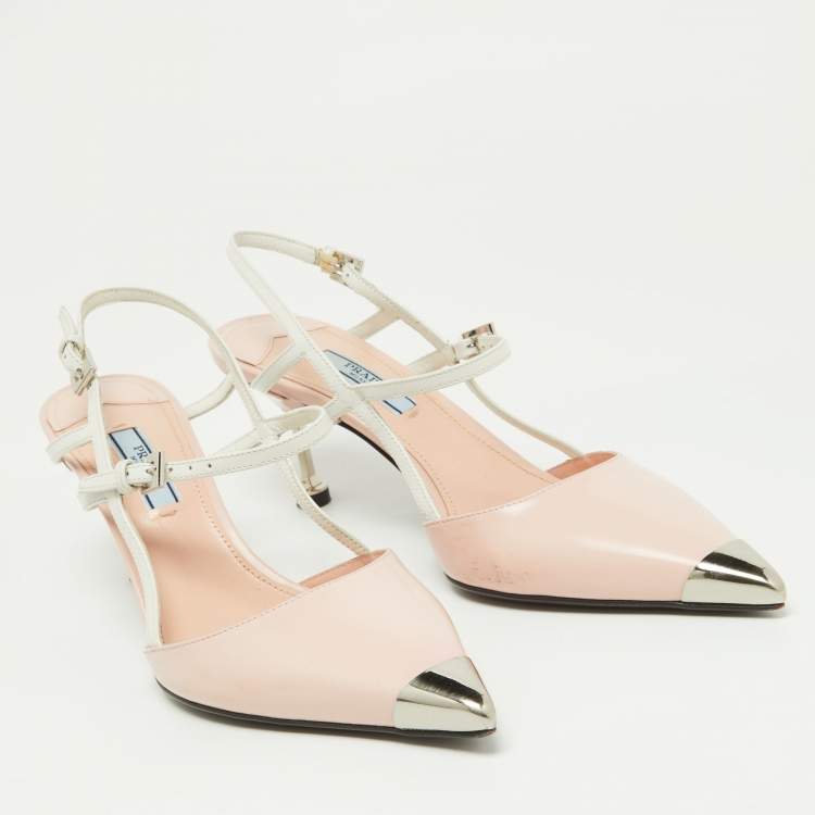 Pre Owned Prada Pink/White Leather Pointed Toe Slingback Pumps Size 38