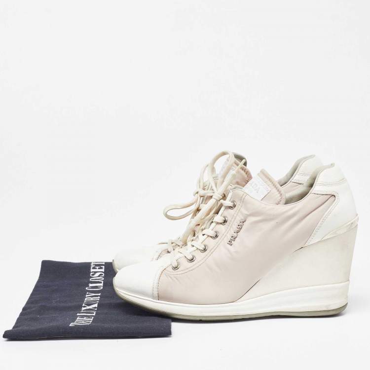 Pre Owned Prada Sport Beige/White Nylon and Leather Wedge High Top Sneakers Size 38