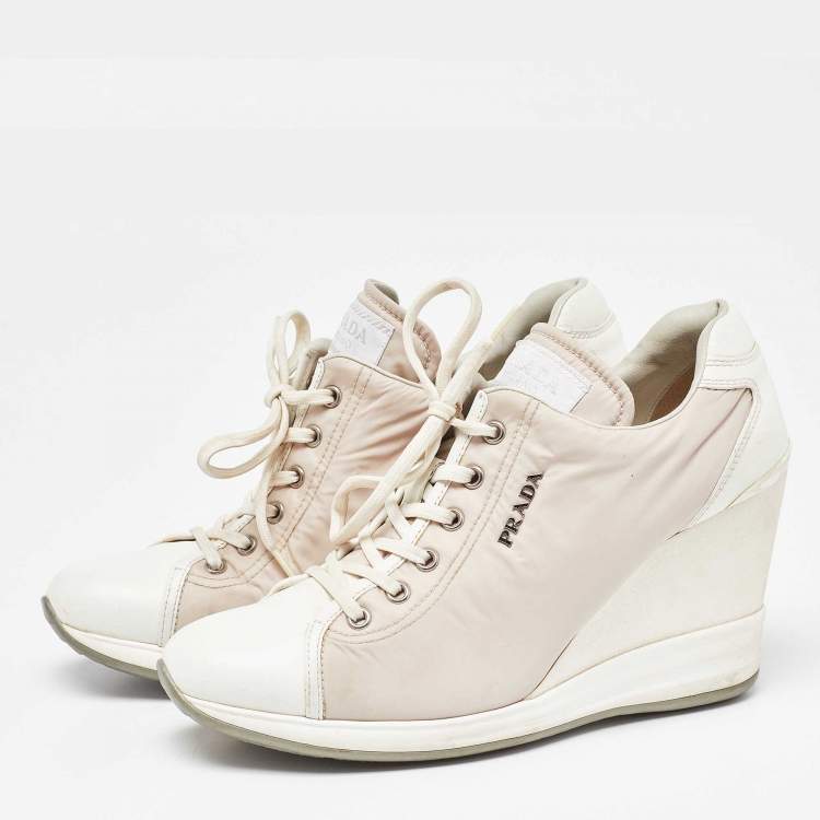 Pre Owned Prada Sport Beige/White Nylon and Leather Wedge High Top Sneakers Size 38