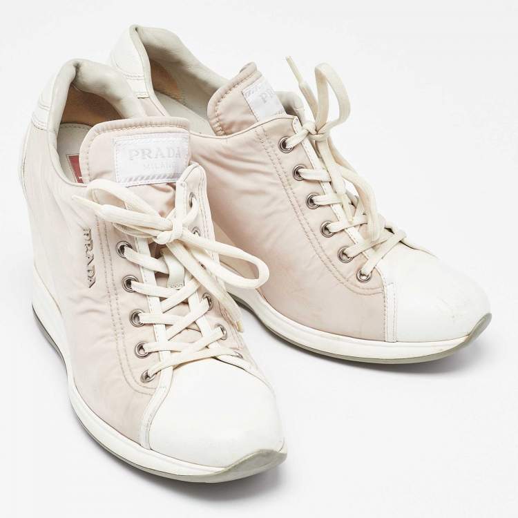 Pre Owned Prada Sport Beige/White Nylon and Leather Wedge High Top Sneakers Size 38